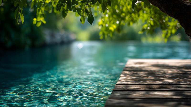 碧波蕩漾綠葉搖曳光影斑駁-圖片