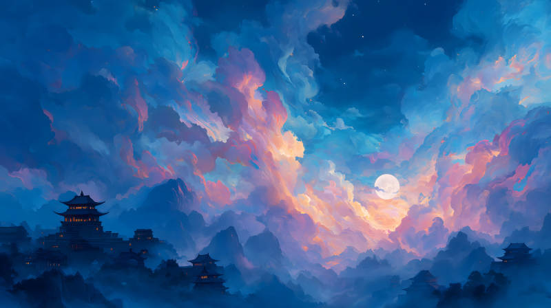 唯美古風(fēng)夜景東方建筑云霧繚繞-圖片