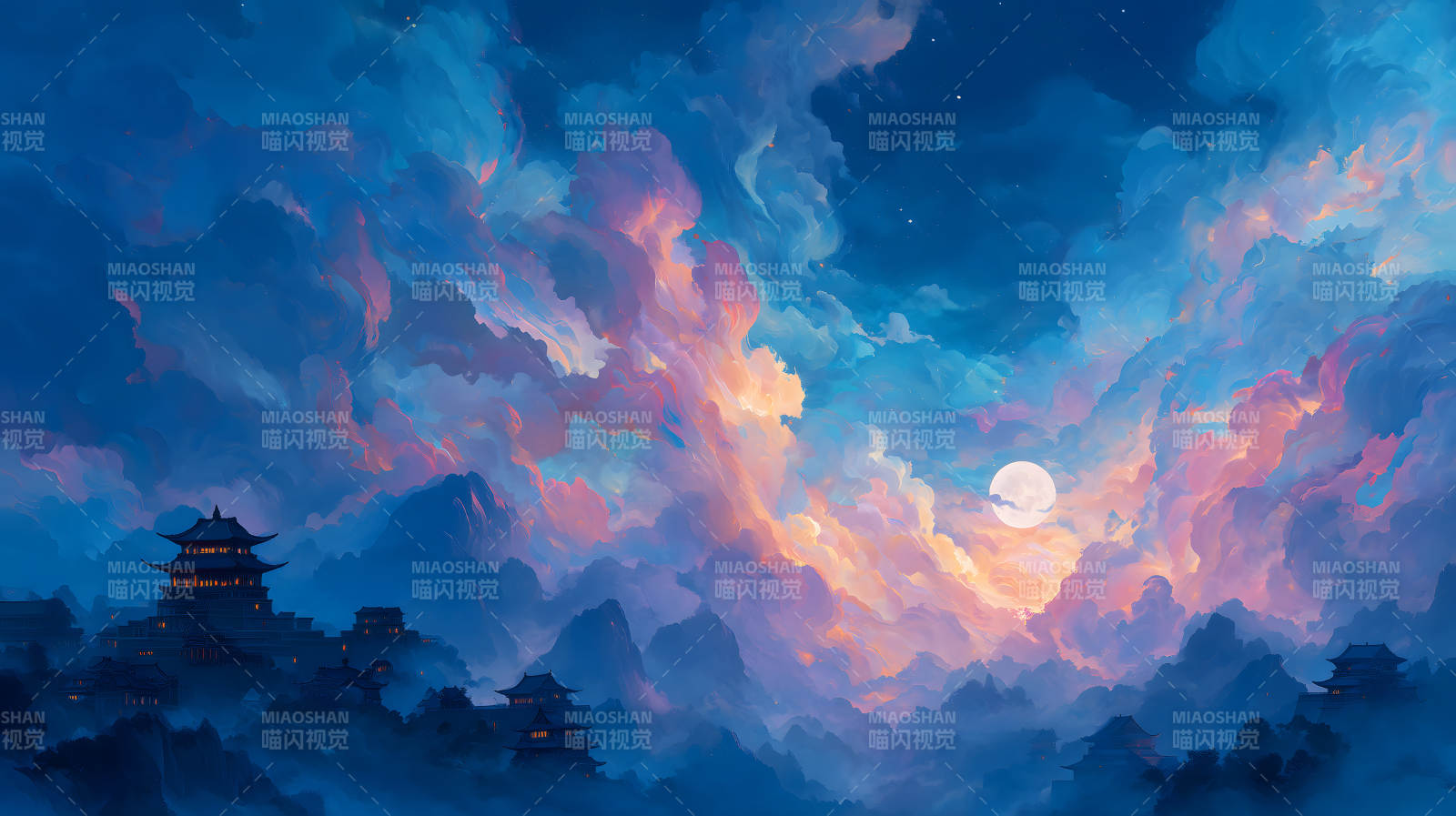 唯美古風夜景東方建筑云霧繚繞-圖片