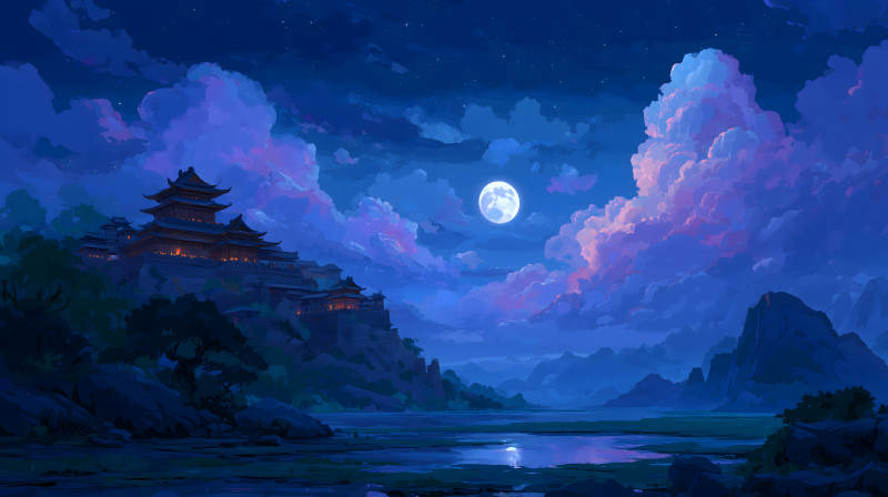 夜幕下的東方古韻建筑月夜美景-圖片