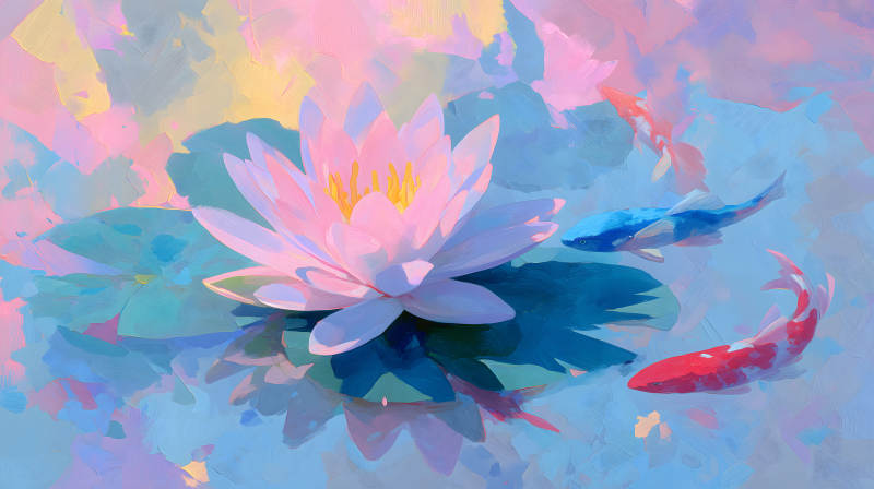 粉色蓮花與錦鯉的水彩畫-圖片