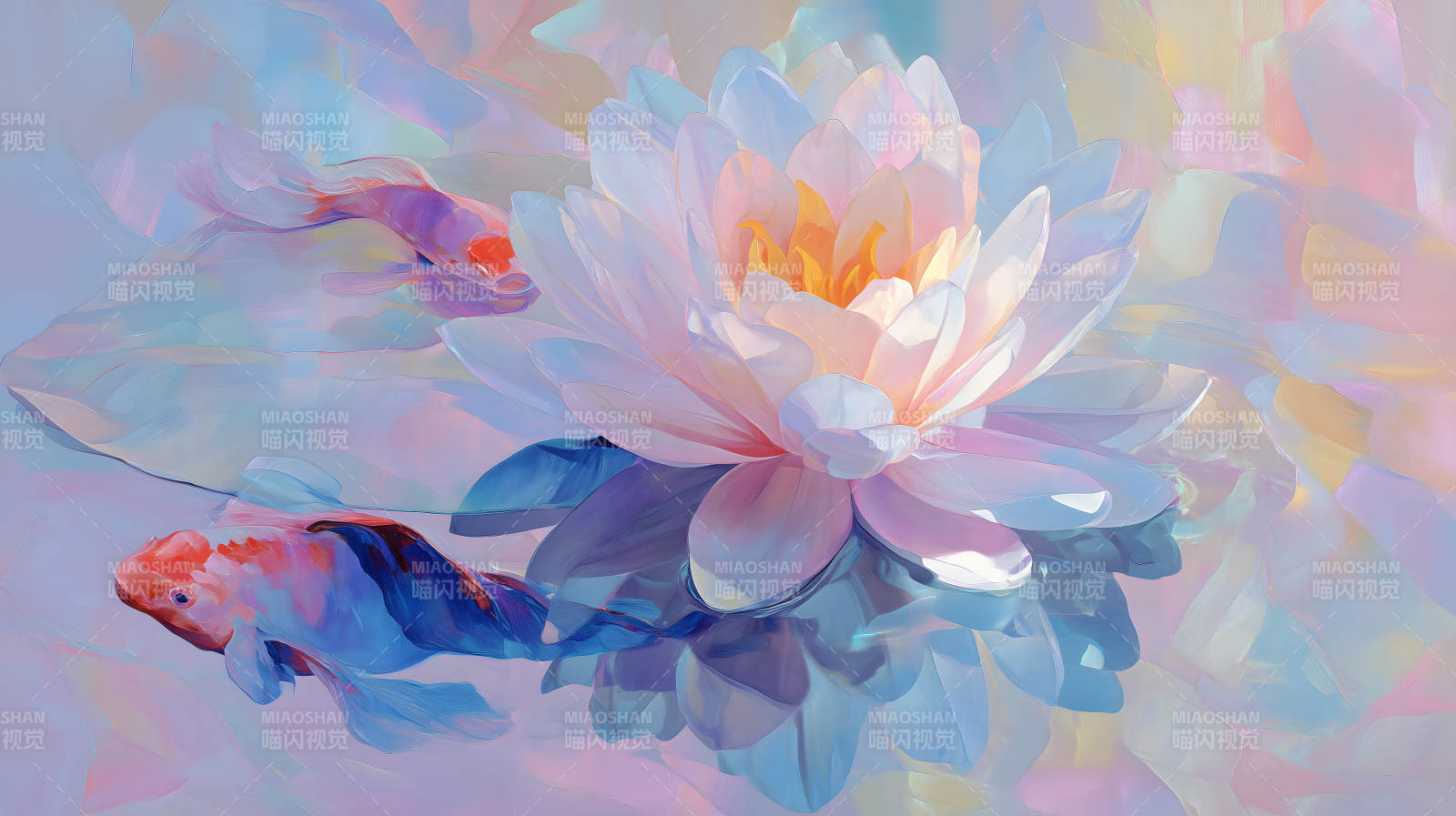 荷花錦鯉的夢幻水彩畫-圖片