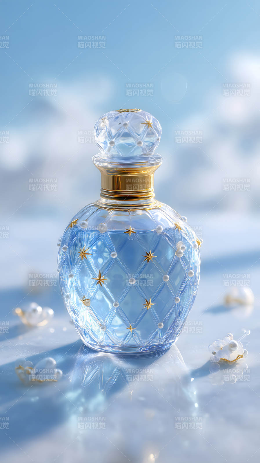 藍色香水瓶與珍珠裝飾-圖片