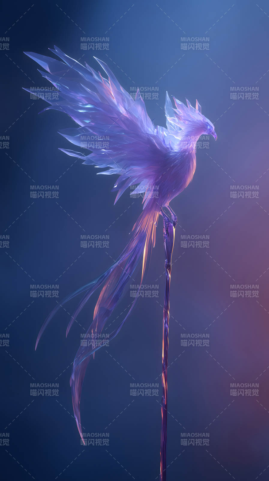 冰晶鳳凰棲息于晶柱之上-圖片