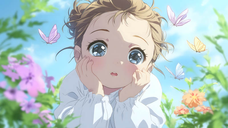 可爱女孩与蝴蝶飞舞在花丛中-图片