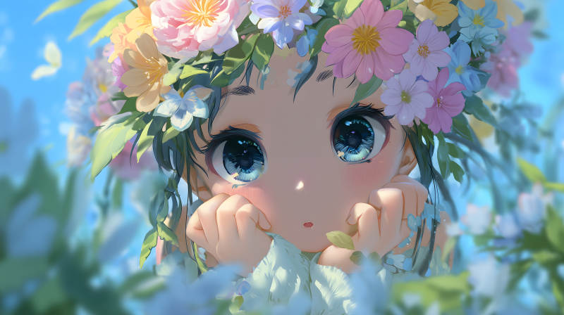 戴著花環的可愛女孩注視著你-圖片