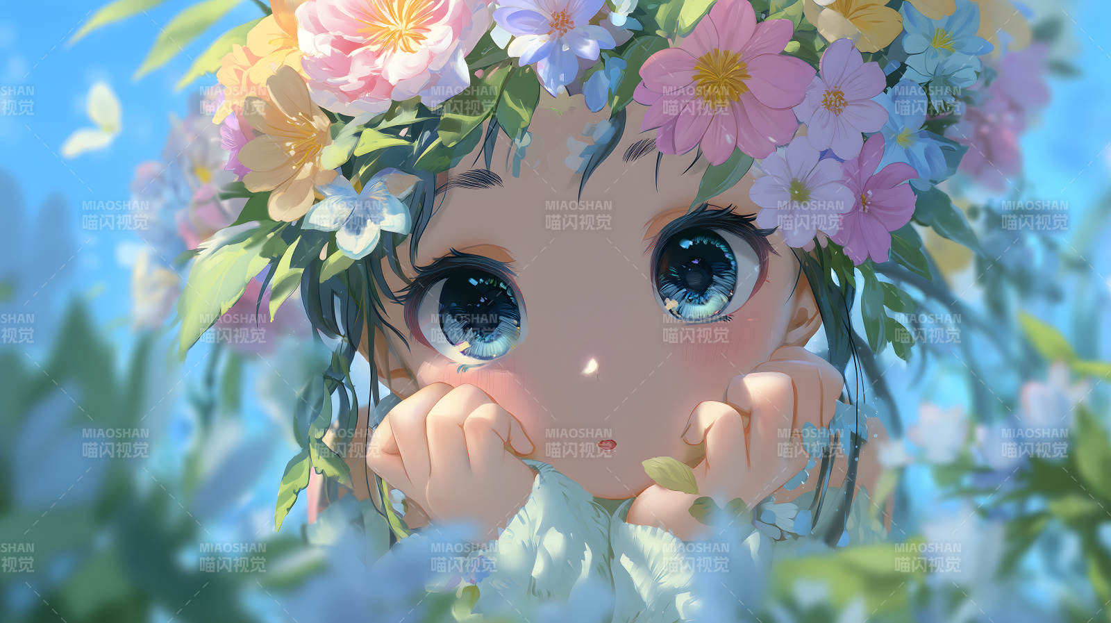 戴著花環(huán)的可愛(ài)女孩注視著你-圖片