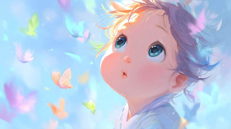 可爱宝宝仰望蝴蝶飞舞-图片