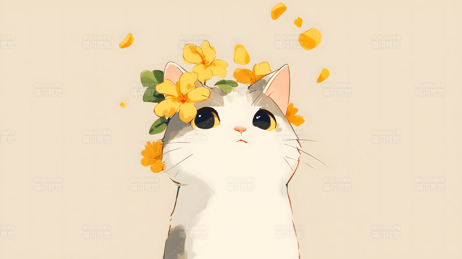 戴着花环的小猫咪仰望天空-图片