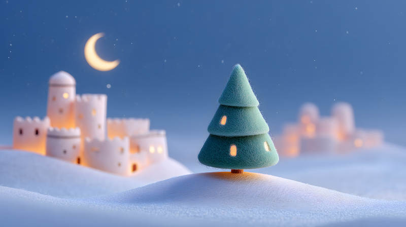 夜晚的雪地圣誕場景-圖片