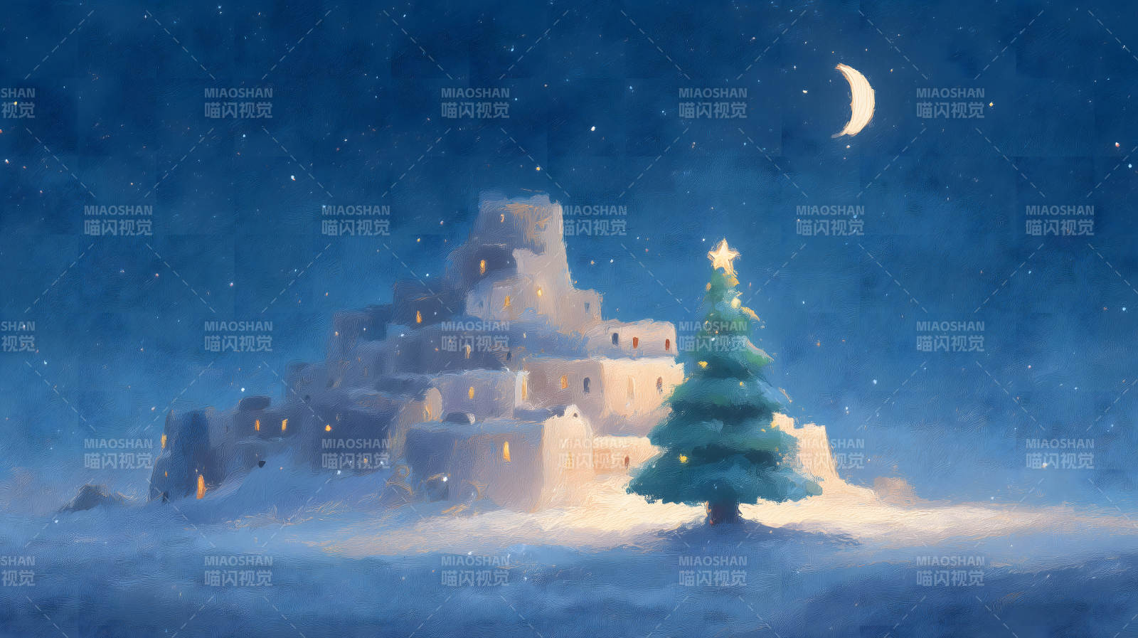 冬日夜景圣誕氛圍的溫馨小鎮(zhèn)-圖片