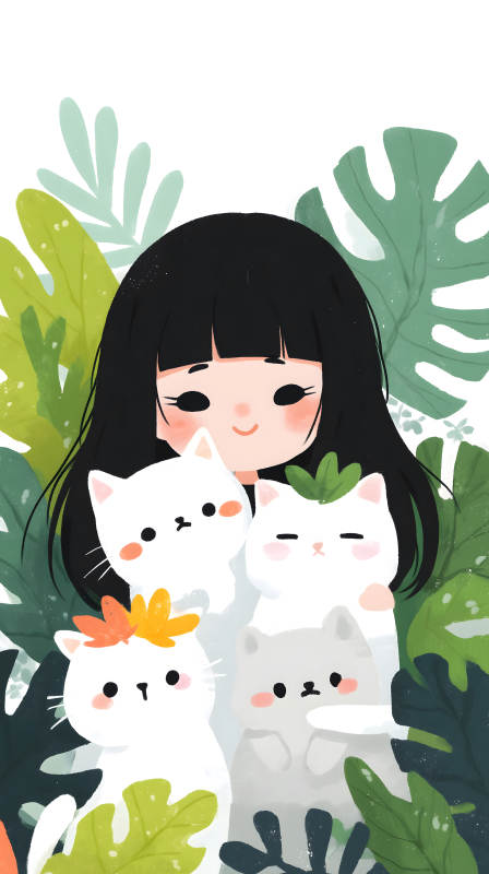 女孩和貓咪在綠葉中玩耍-圖片