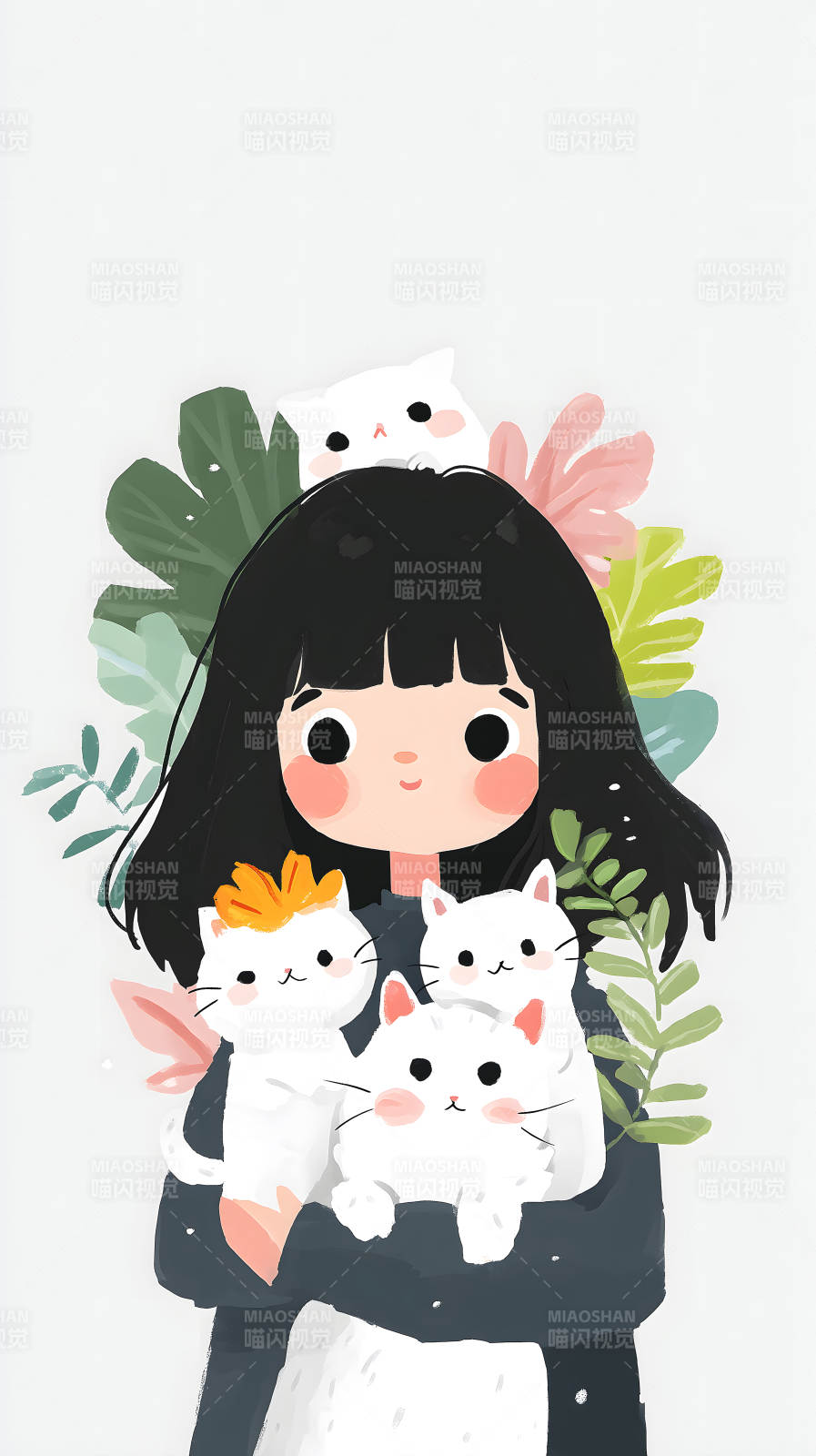 女孩抱着猫咪鲜花-图片