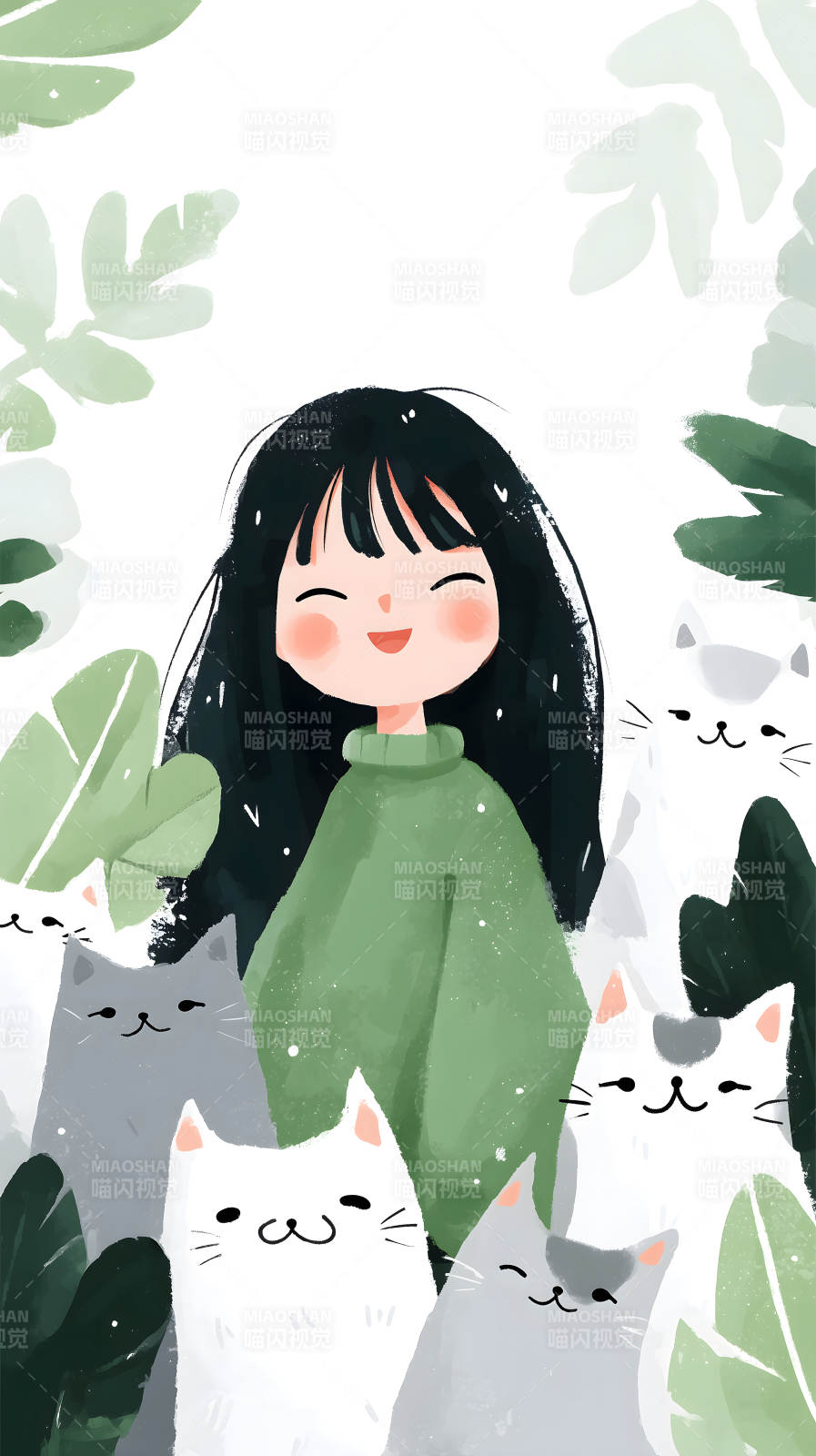 女孩與貓咪的溫馨插畫圖片