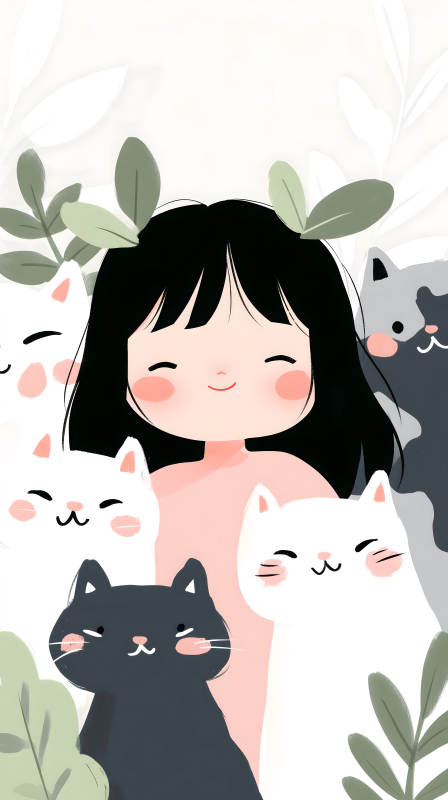 女孩和貓咪的溫馨畫面-圖片