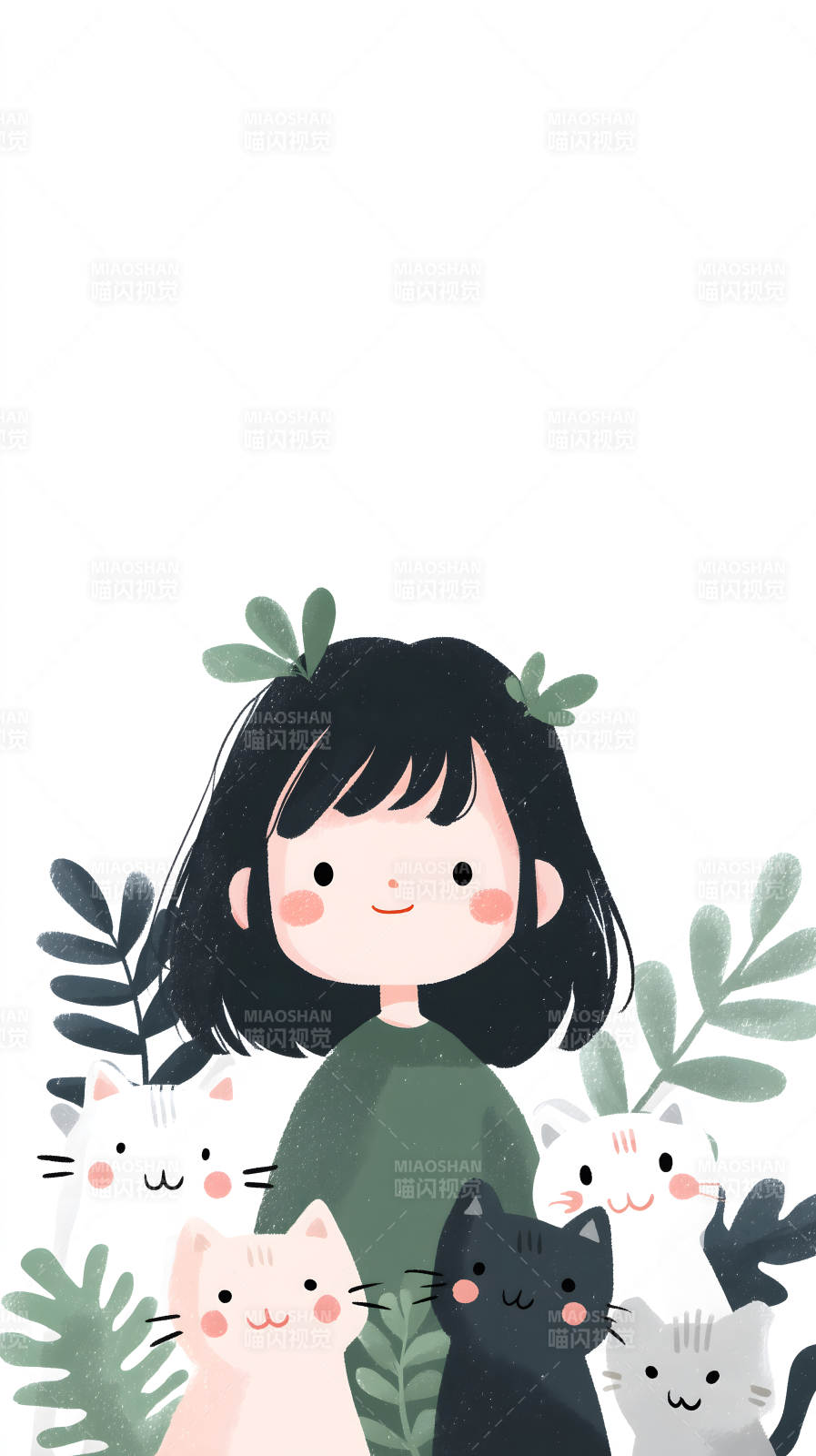 女孩和貓咪們在綠色植物間圖片