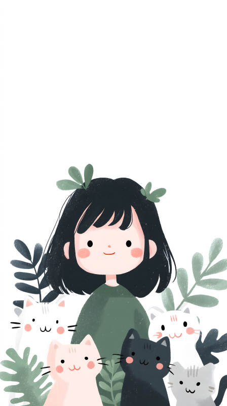 女孩和貓咪們在綠色植物間-圖片