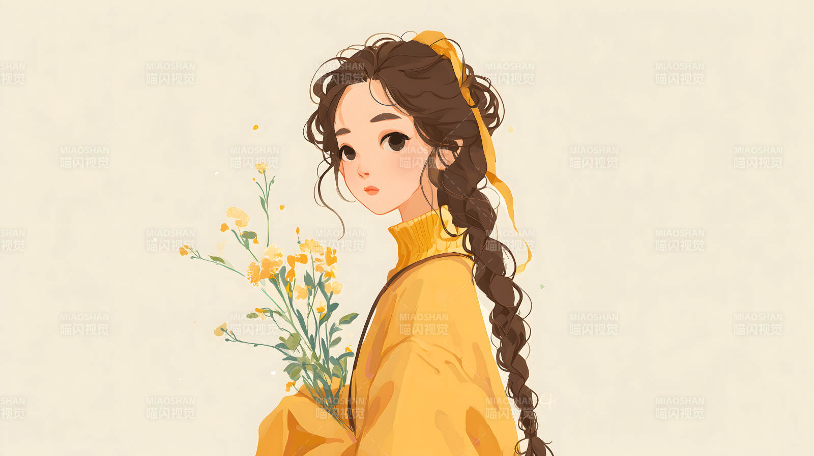 女孩手捧鲜花穿着黄色毛衣-图片