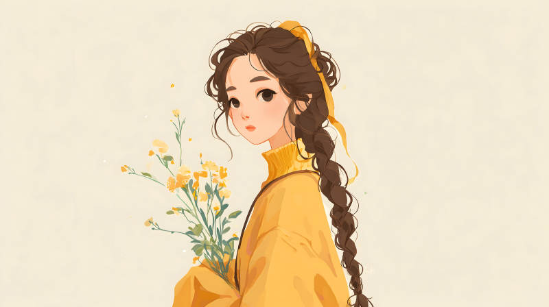 女孩手捧鮮花穿著黃色毛衣-圖片
