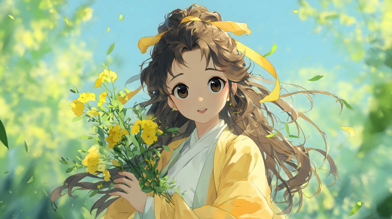 動漫少女手捧鮮花在陽光下微笑-圖片