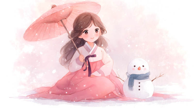 女孩和雪人粉色童話般的冬天-圖片