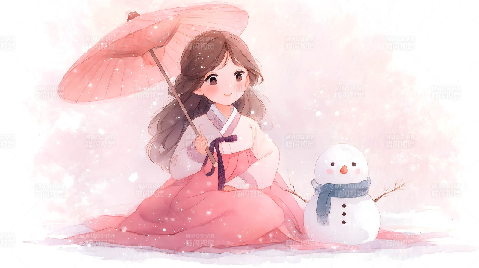 女孩和雪人粉色童話般的冬天-圖片