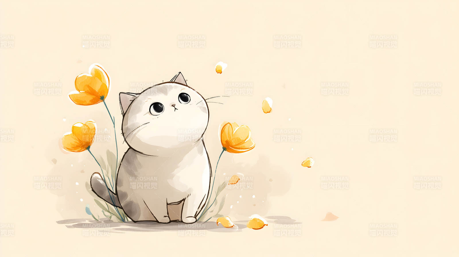 可愛小貓與花朵的溫馨畫面圖片