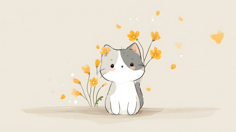 可愛小貓與黃色花朵的溫馨插畫-圖片