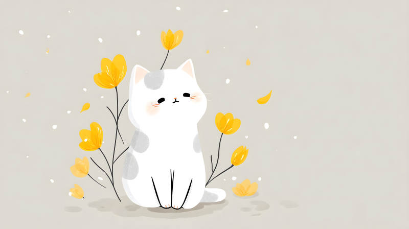 可愛的小貓與黃色小花-圖片