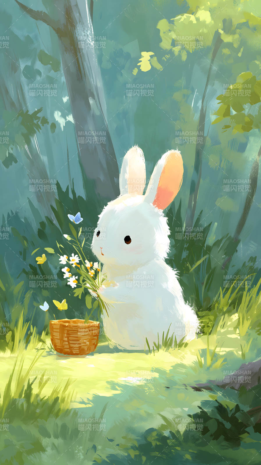 森林里的可愛(ài)兔子和小花-圖片