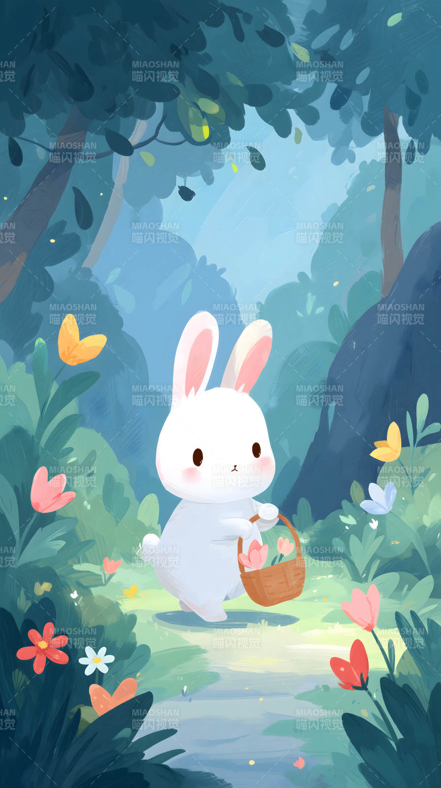 森林兔子采花圖圖片