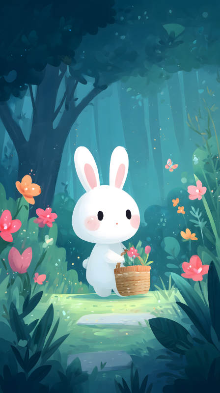 兔子在森林里采花-圖片
