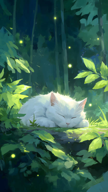 森林中熟睡的白貓-圖片