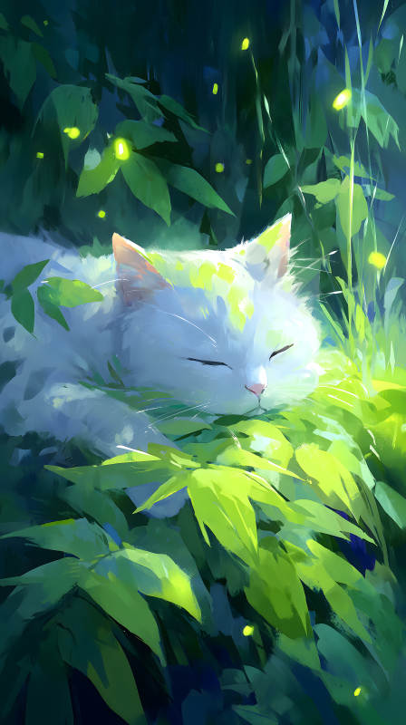 貓咪休憩于綠葉之間-圖片