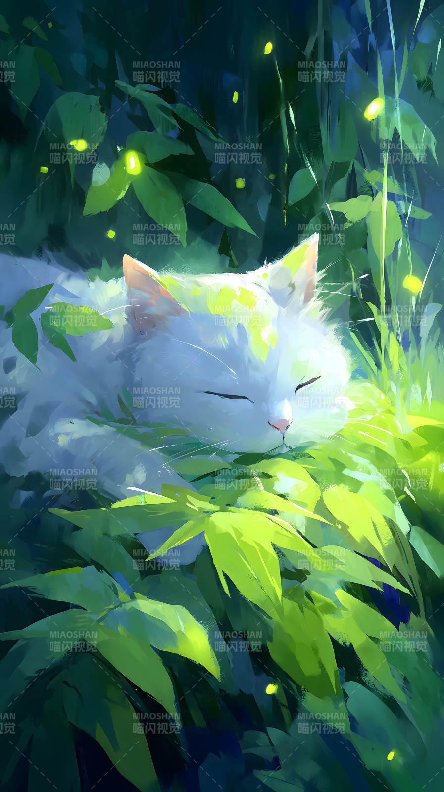 貓咪休憩于綠葉之間-圖片