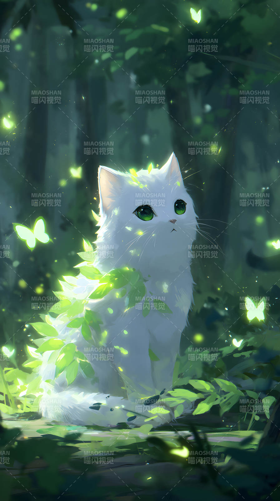 夢(mèng)幻森林中的白色貓咪-圖片