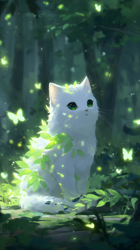 夢幻森林中的白色貓咪-圖片