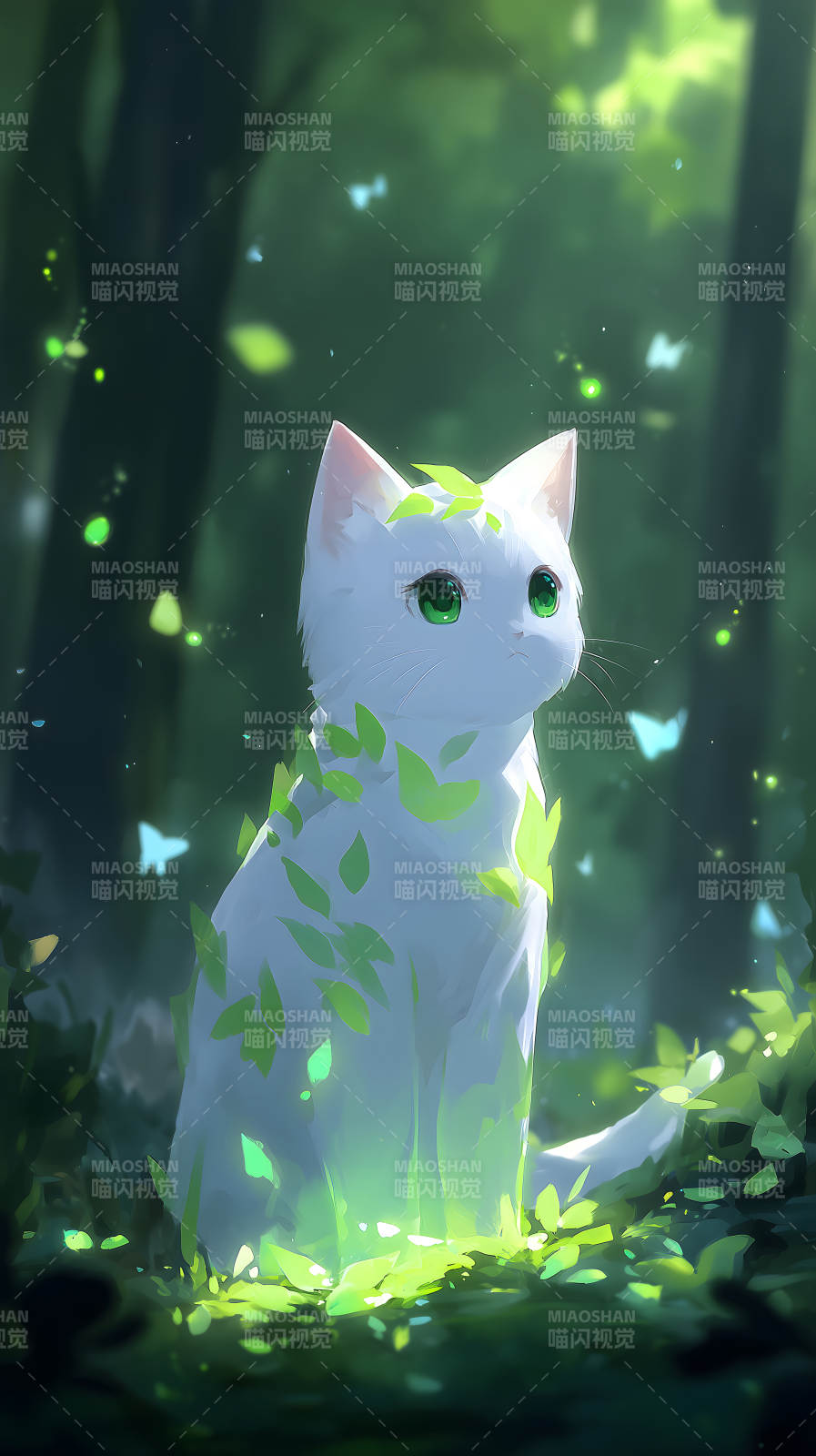 森林中可愛貓咪被綠葉環(huán)繞-圖片