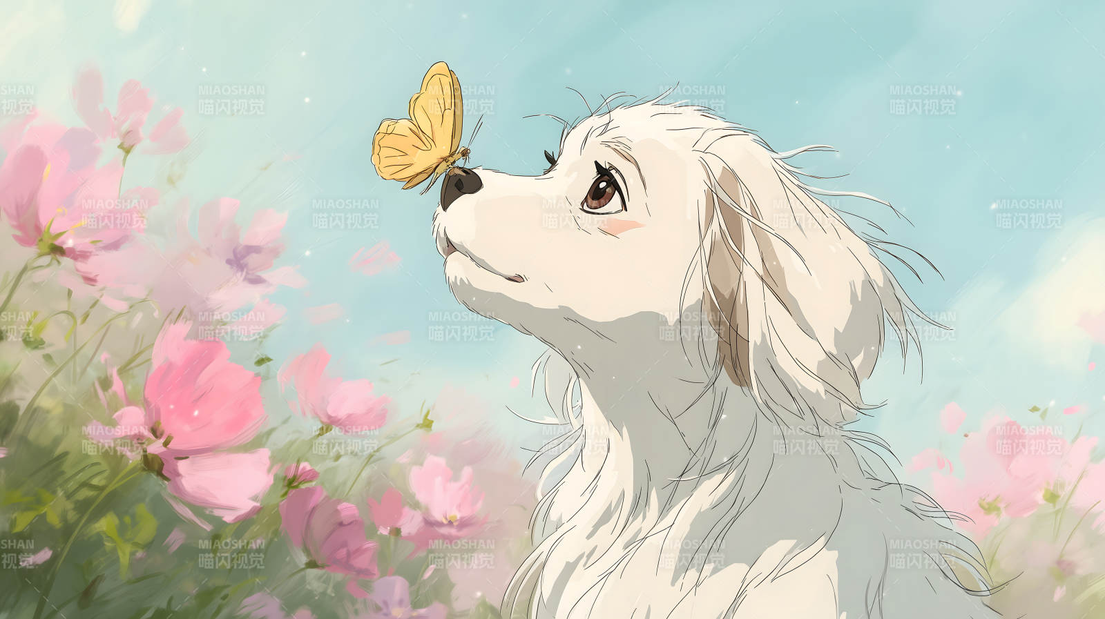 小狗與蝴蝶的溫馨時刻-圖片