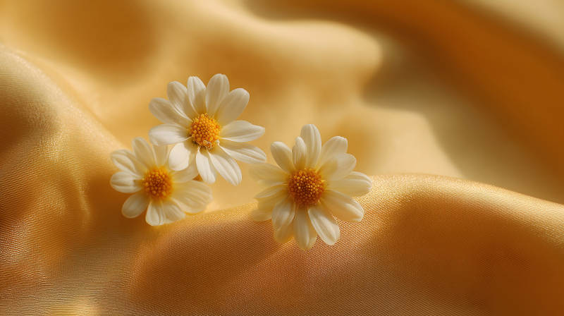 三朵雛菊在金色絲綢上-圖片