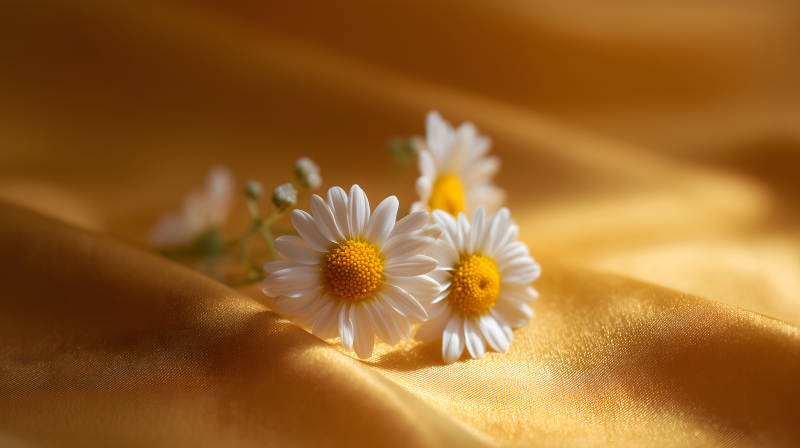 白色雛菊盛開在金黃色綢緞上-圖片