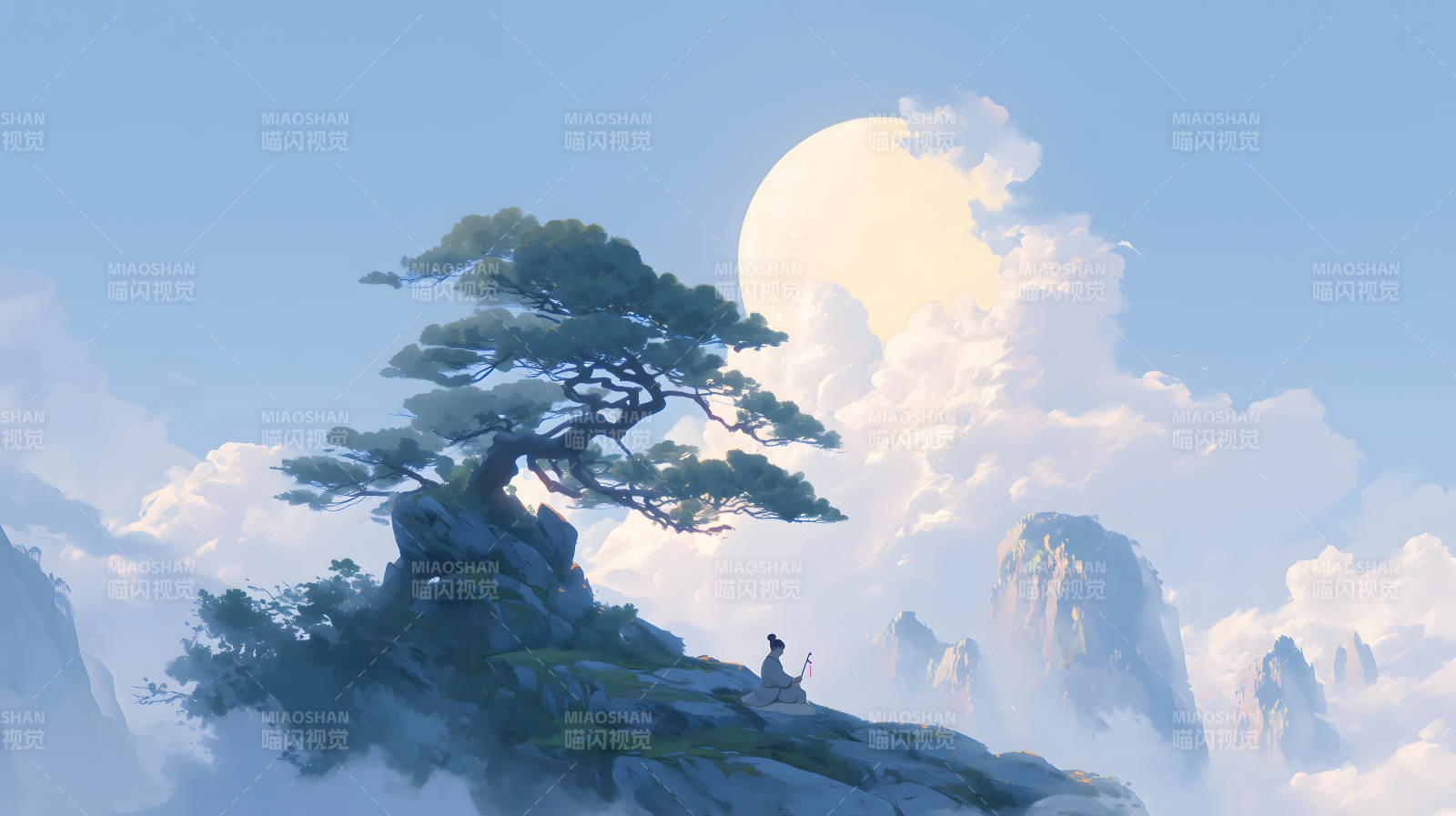 山水之間撫琴人月光灑滿大地-圖片