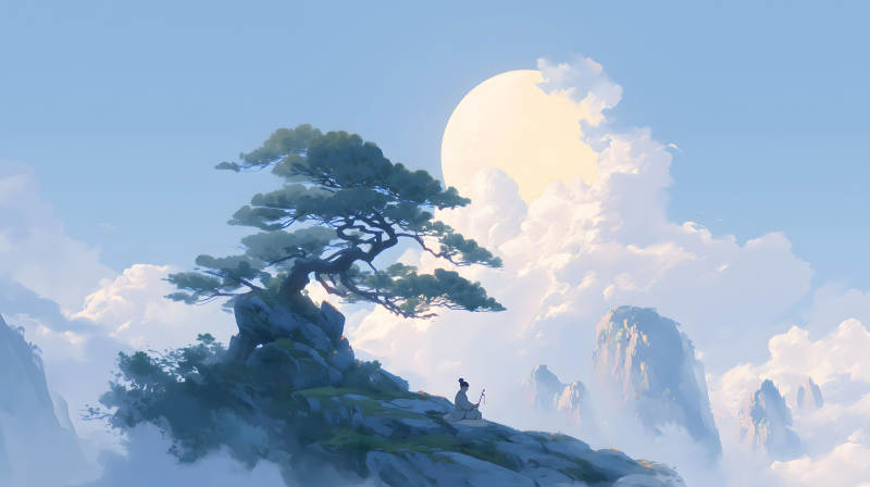 山水之間撫琴人月光灑滿大地-圖片