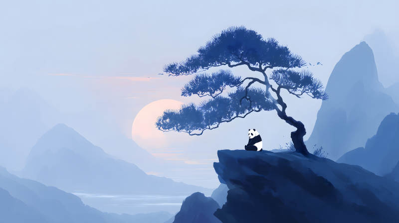 熊貓靜坐山崖夕陽西下-圖片