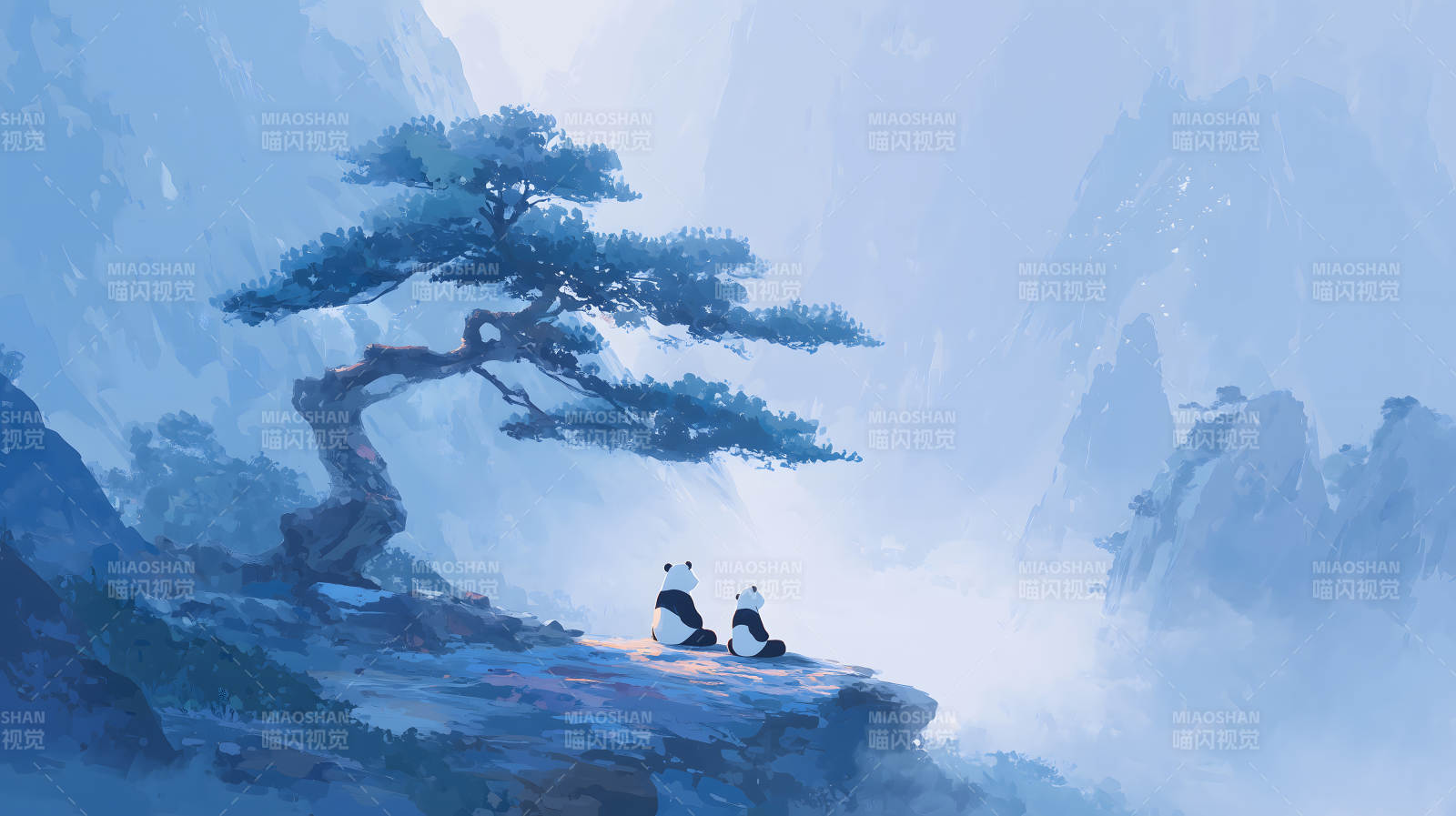 山水之間兩只熊貓靜靜觀景-圖片