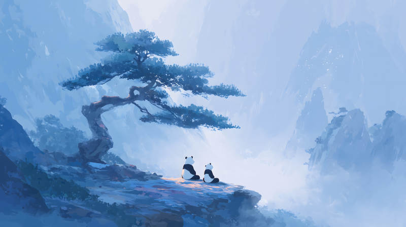 山水之間兩只熊貓靜靜觀景-圖片