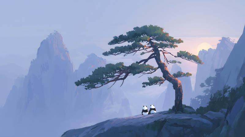 山間日落熊貓依偎眺望風景-圖片