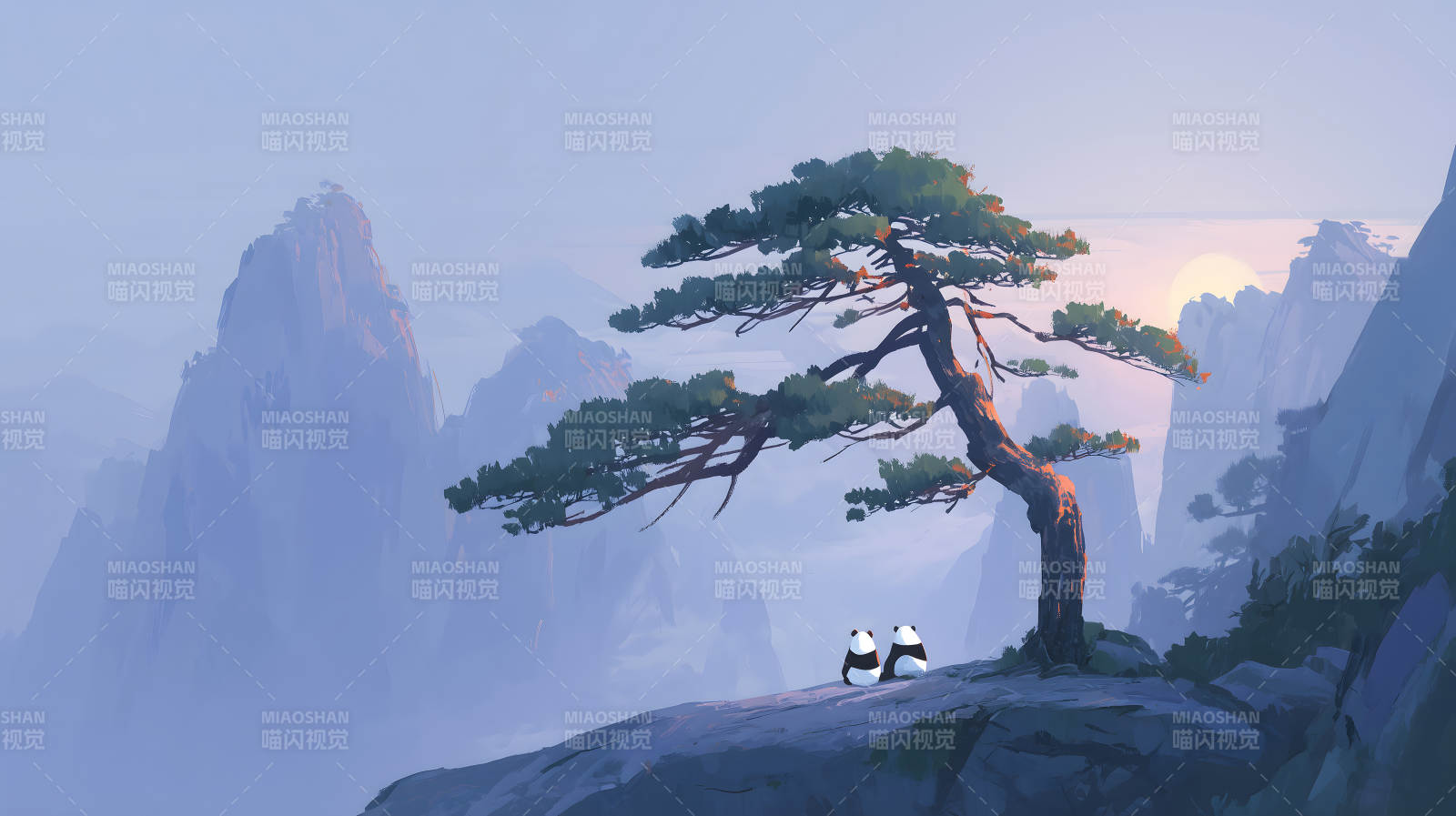 山間日落熊貓依偎眺望風景-圖片