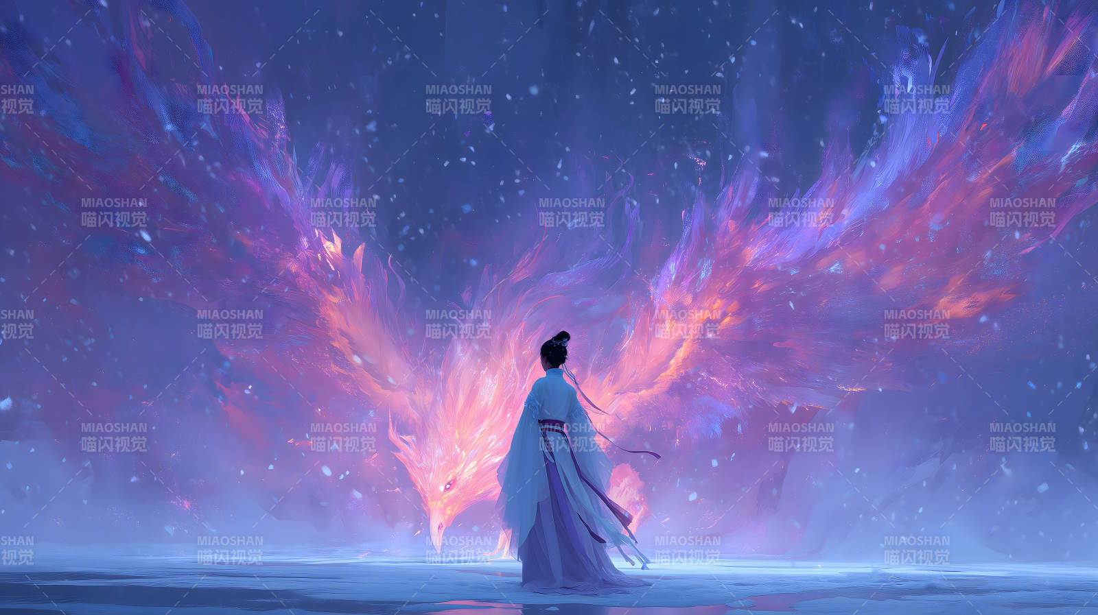 女孩凝视凤凰翱翔天际奇幻景象-图片