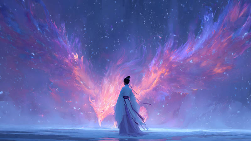 女孩凝視?shū)P凰翱翔天際奇幻景象-圖片